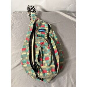 KAVU Rope Bag Canvas Sling Backpack Geometric Tribal Print Green Red Yellow